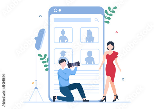 Model Portfolio Template Hand Drawn Cartoon Flat Illustration with Modeling Agency Manager and Photographer take Photos of Model in Platform Design