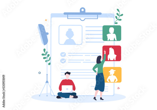 Model Portfolio Template Hand Drawn Cartoon Flat Illustration with Modeling Agency Manager and Photographer take Photos of Model in Platform Design