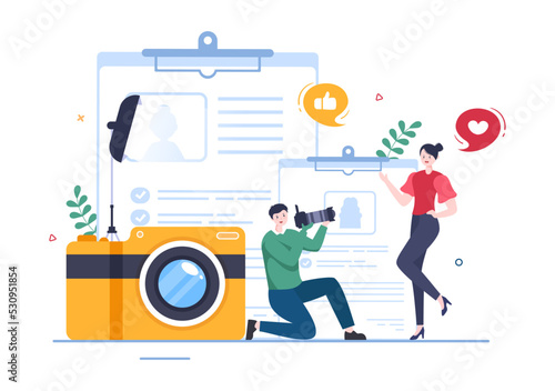 Model Portfolio Template Hand Drawn Cartoon Flat Illustration with Modeling Agency Manager and Photographer take Photos of Model in Platform Design