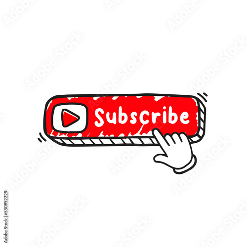 Hand Drawn Subscribe red button click cursor or hand pointer Doodle Style. Subscribing Sketch illustration Icon Template Vector