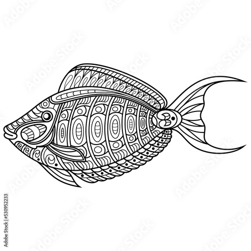 Hand drawn of orangespine unicornfish in zentangle style