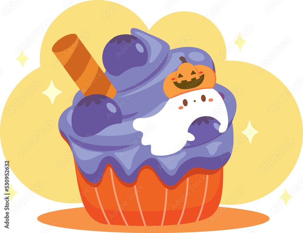 Fototapeta premium Halloween Cupcake with Cute Ghost. Bakery menu party halloween.purple Whipped Cream topping with fresh blueberry.