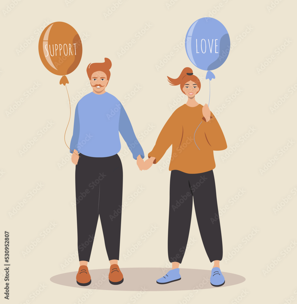 vector illustration in a flat style on the theme of relationships. man and woman hold hands. in their hands they have balloons with inscriptions - love and support vector illustration in a flat style on the theme of relationships. man and woman hold hands. in their hands they have balloons with inscriptions - love and support