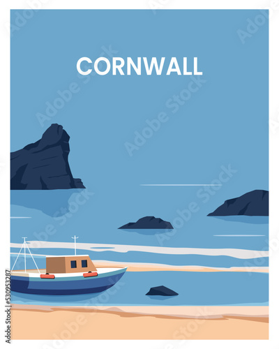 Cornwall England Vector Illustration Background. flat cartoon travel poster in minimalist style. 
