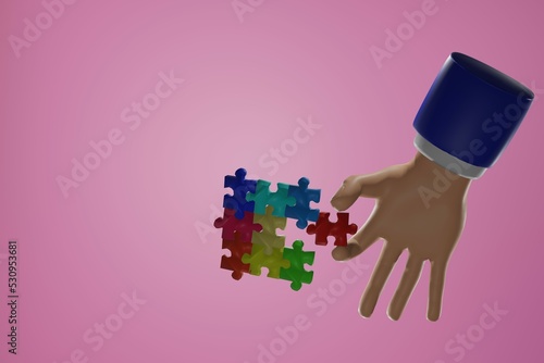 bottom view of cartoon hands connecting jigsaw puzzles Symbol of teamwork, cooperation, cooperation, problem solving, business concept. 3D rendering illustration