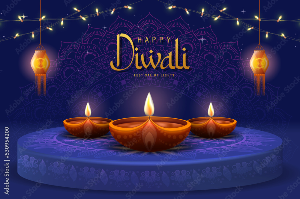 Vecteur Stock Happy Diwali Poster with Diya Lamp and Peacock Vector  Illustration. Indian festival of lights Design. Suitable for Greeting Card,  Banner, Flyer, Template. | Adobe Stock