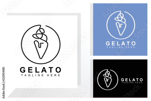 Ice Cream Gelato Logo Design, Sweet Soft Cold Food, Vector Brand Company Products
