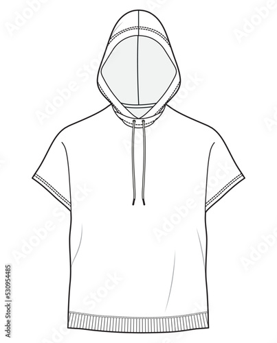 poncho sweatshirt with hoodie unisex short sleeve hooded t shirt top fashion flat sketch vector illustration