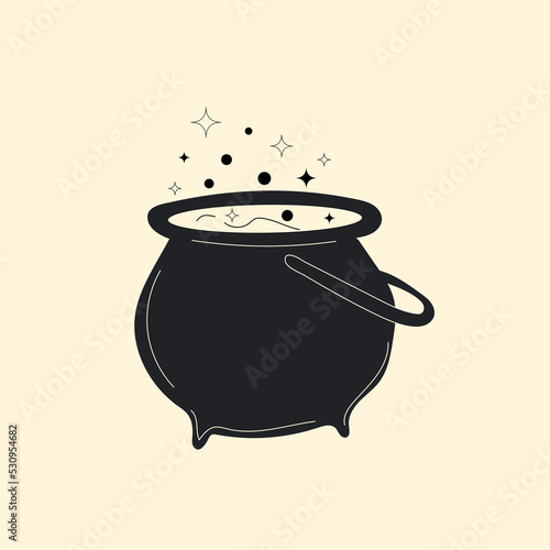 Cartoon witches cauldron with potion, bubbles , witchcraft, boiling potions. Symbol of Halloween 