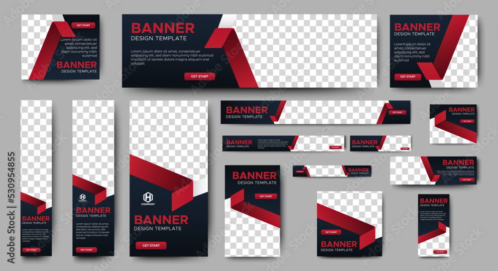 Creative web banners of standard size with a place for photos. Gradient black and red. Business ad banner. Vertical, horizontal and square template.
Creative web banners of standard size with a place for photos. Gradient black and red. Business ad banner. Vertical, horizontal and square template.