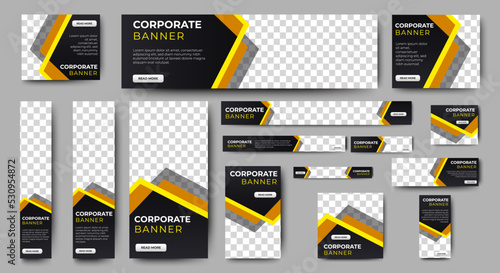Corporate banner design web template Set, Horizontal header web banner. Modern Gradient black and yellow cover header background for website. Social Media Cover ads banner, flyer, invitation card