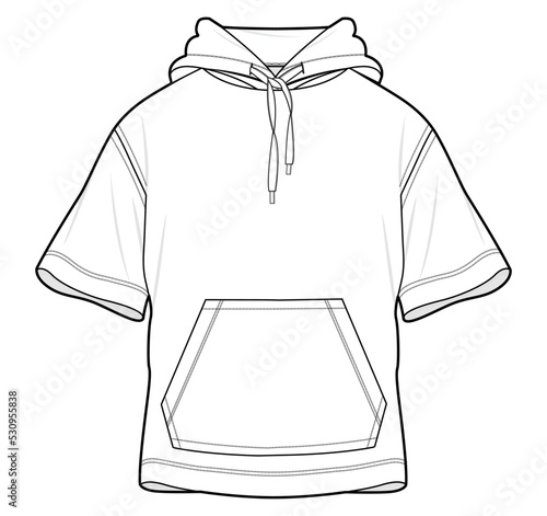 unisex short sleeve hoodie with pockets fashion flat sketch vector illustration. cad mockup.