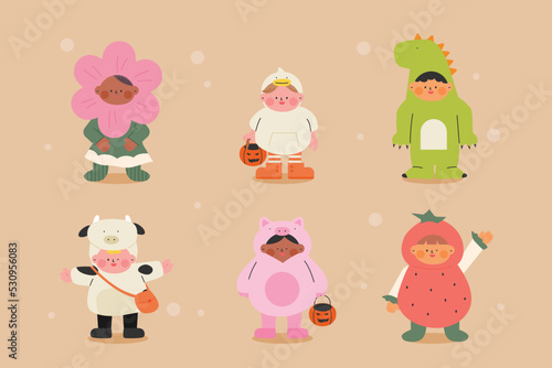 Little children wearing cute Halloween costumes and holding candy baskets. flat design style vector illustration.