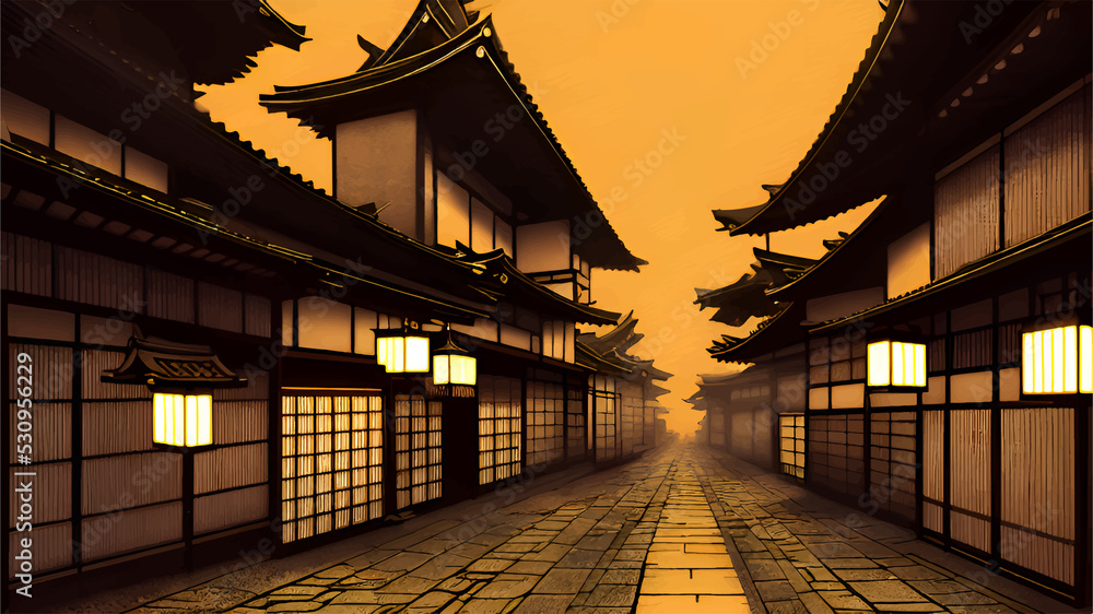 Japanese houses in tokyo Japan. Vector illustration of city street in ...