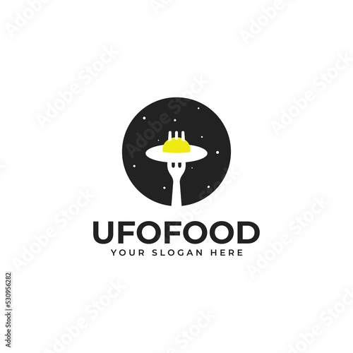 Food Logo Concept For Cafe or Restaurant With Omelet or Fried Egg, Fork, Ufo