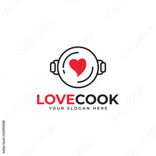 Love Cook Logo Vector With Wok and Heart Illustration