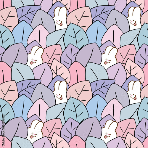 Seamless Pattern of Cartoon White Rabbit and Leaf Illustration Design
