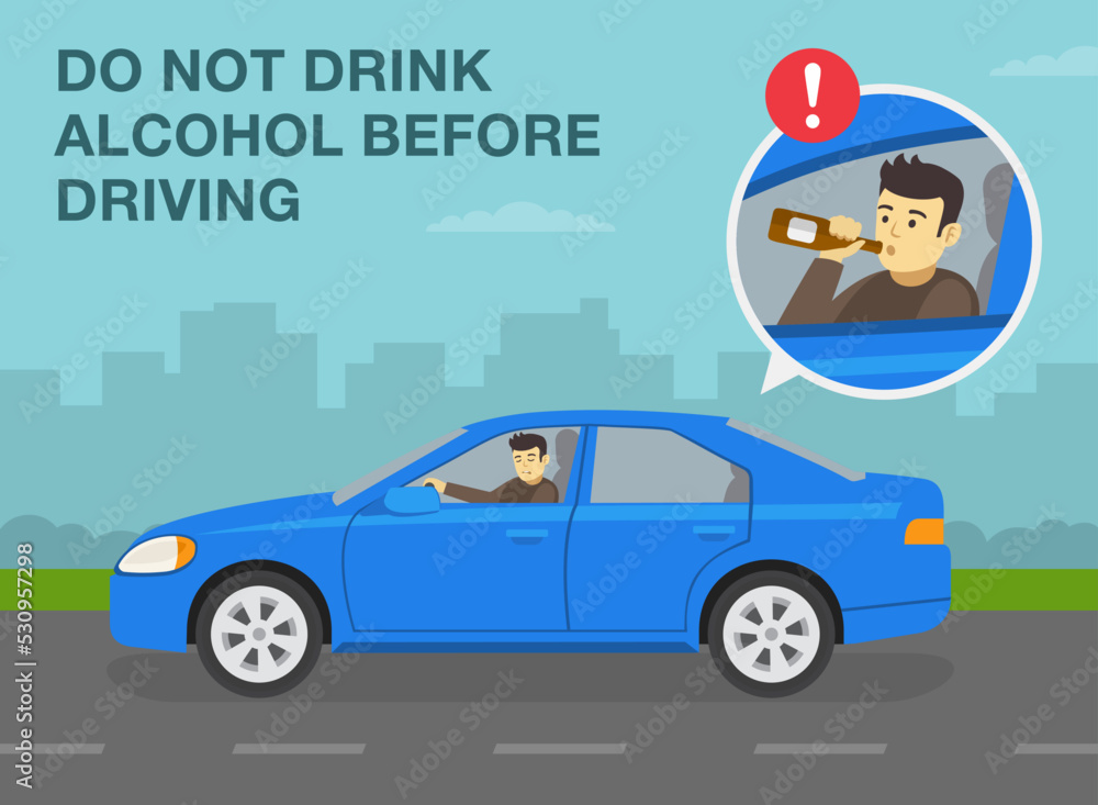 Safe driving tips and traffic regulation rules. Don't drink alcohol before driving. Close-up of male driver holding a bottle of alcohol. Flat vector illustration template.