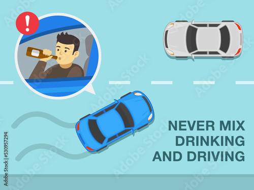 Safe driving tips and traffic regulation rules. Never mix drinking alcohol and driving. Car is about to hit oncoming vehicle. Flat vector illustration template.