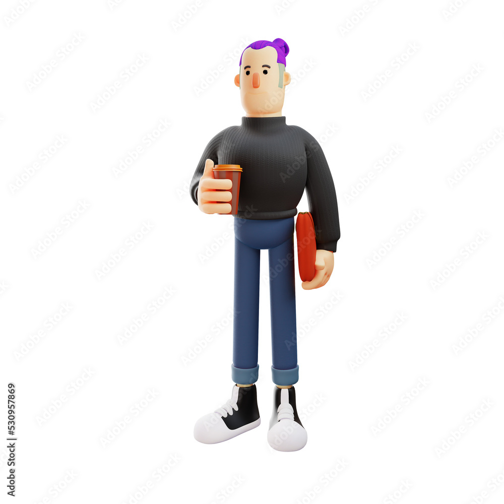 Fototapeta premium 3D illustration. 3D Cool Man Cartoon Drinking a Cup of Coffee. holding a cup of coffee in his hand. by bringing a cell phone. 3D Cartoon Character