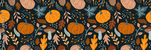 Canvastavla Long seamless autumn pattern with pumpkins, mushrooms, plants and leaves