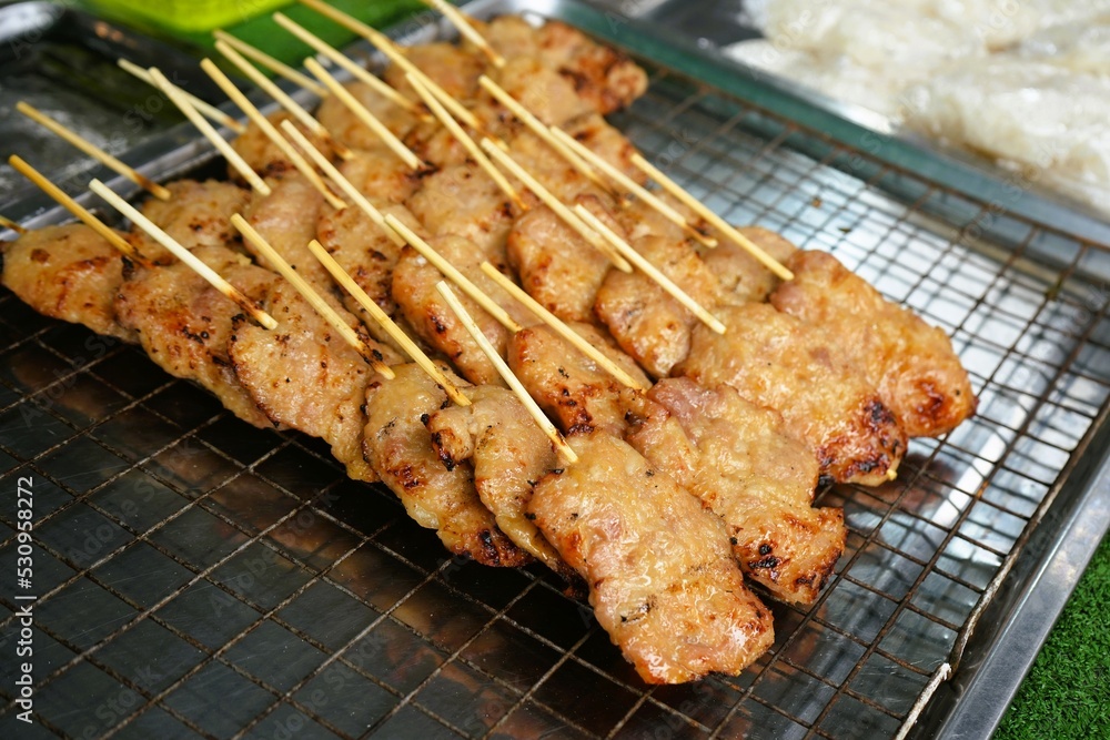 Grilled Pork Skewers Beautifully arranged to sell street food Grilled Pork Skewers Beautifully arranged to sell street food