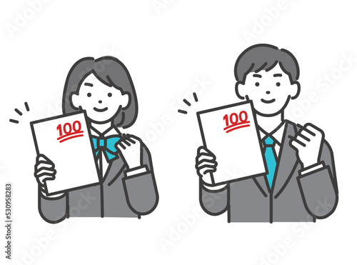 テストで100点を取ってガッツポーズをする、ブレザーの制服の学生のベクターイラスト素材／制服／高校生／中学生／塾／嬉しい