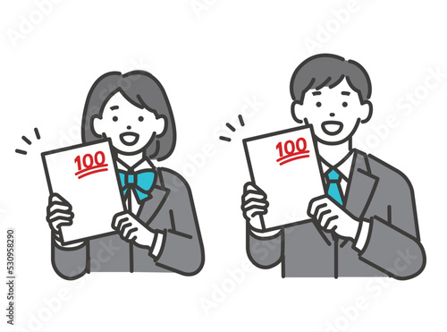 テストで100点を取ったブレザーの制服の学生のベクターイラスト素材／制服／高校生／中学生／塾／嬉しい