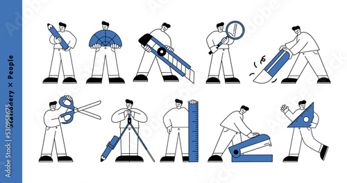 文房具を持つ男性のキャラクターイラストセット　線画