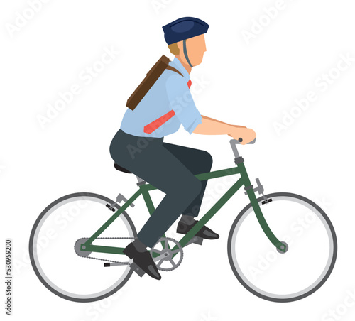 自転車に乗る8等身太った白人系男性会社員ビジネスマンのイラスト　自転車通勤　健康増進　エコロジー