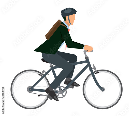 自転車に乗る8等身アジア系男性会社員ビジネスマンのイラスト　自転車通勤　健康増進　エコロジー