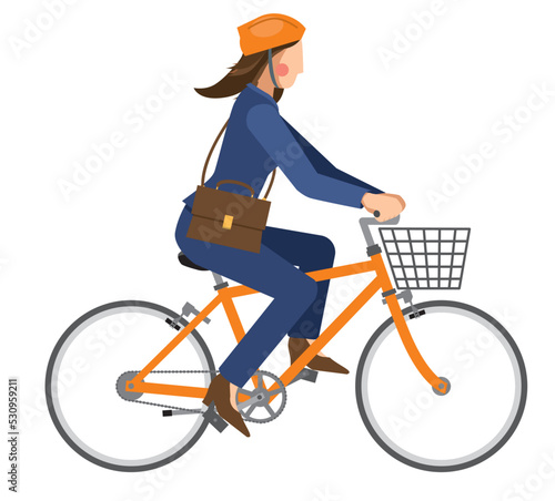 自転車に乗る8等身アジア系女性会社員ビジネスマンのイラスト　自転車通勤　健康増進　エコロジー