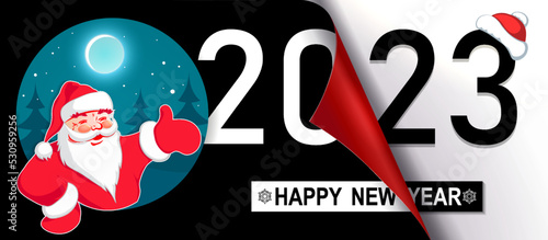 Christmas composition happy new year 2023, silhouette of Santa Claus, hand indicates the direction