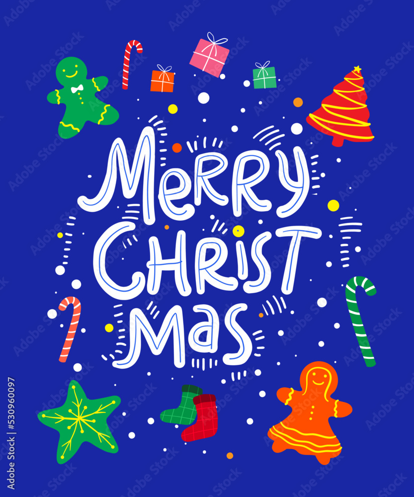 Fototapeta premium Merry Christmas and Happy New Year%21 2021%21 Drawing for poster or pattern. Vector trendy abstract illustrations of holiday card with forest santa claus fox deer lettering christmas tree and pin