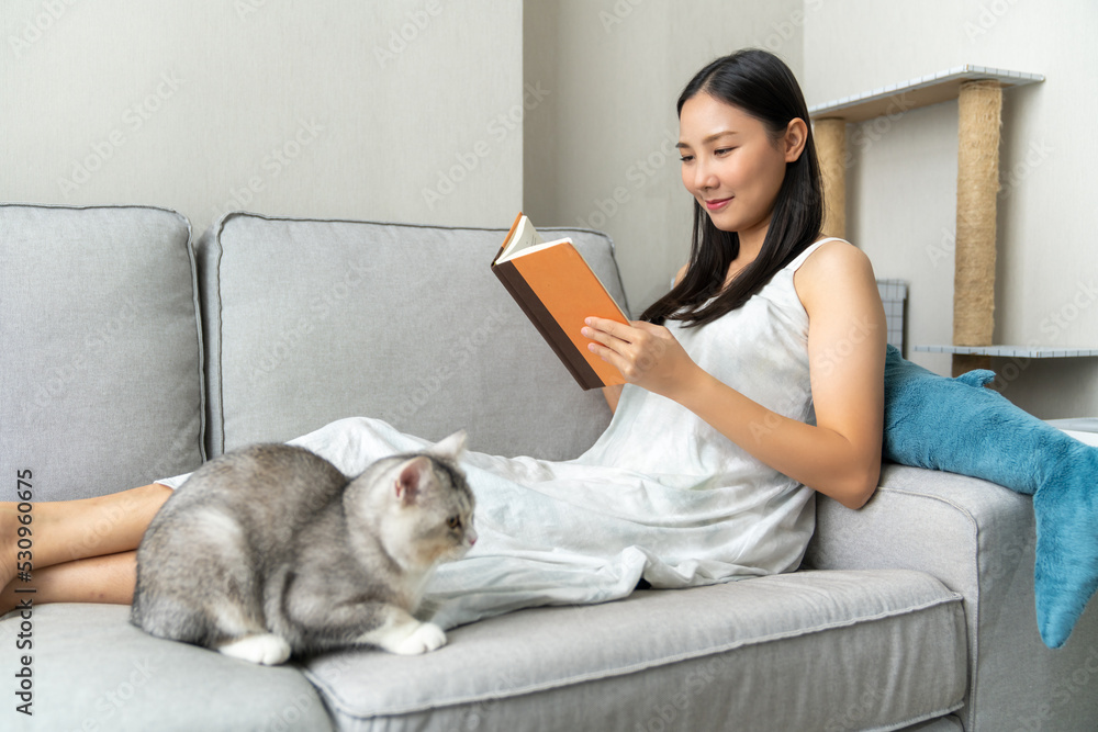 Young beautiful Asian woman relaxing on couch in apartment living room and reading a book in the morning. Happy girl relax and enjoy indoors lifestyle and leisure activity on holiday vacation at home. Young beautiful Asian woman relaxing on couch in apartment living room and reading a book in the morning. Happy girl relax and enjoy indoors lifestyle and leisure activity on holiday vacation at home.