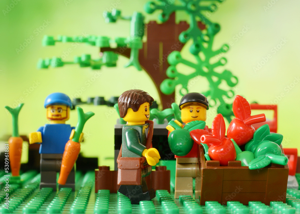 Lego minifigures happy cute boy and farmer at autumn vegetable market by  buying of apple fruits. Editorial illustrative image of thanksgiving  holiday. foto de Stock | Adobe Stock