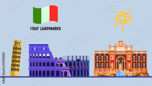 Set of Italy landmakrs flat illustration. Including Colosseum, Pisa tower, Trevi fountain