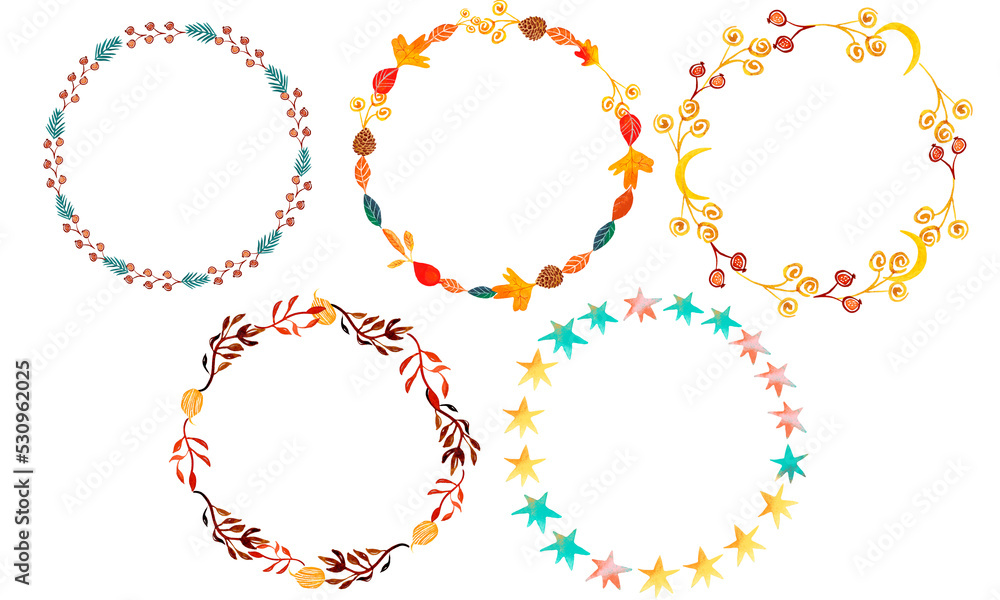 PNG transoarent background, a set of watercolor round frames, wreaths, autumn plants, twigs, leaves, stars, suitable for Thanksgiving, wedding day, Halloween, motivational designs.