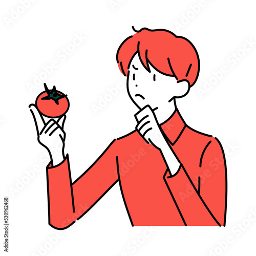 トマトと男性。トマトの栄養素について考える、食育について考える男性。トマトを手に持った男性のベクターイラスト素材。