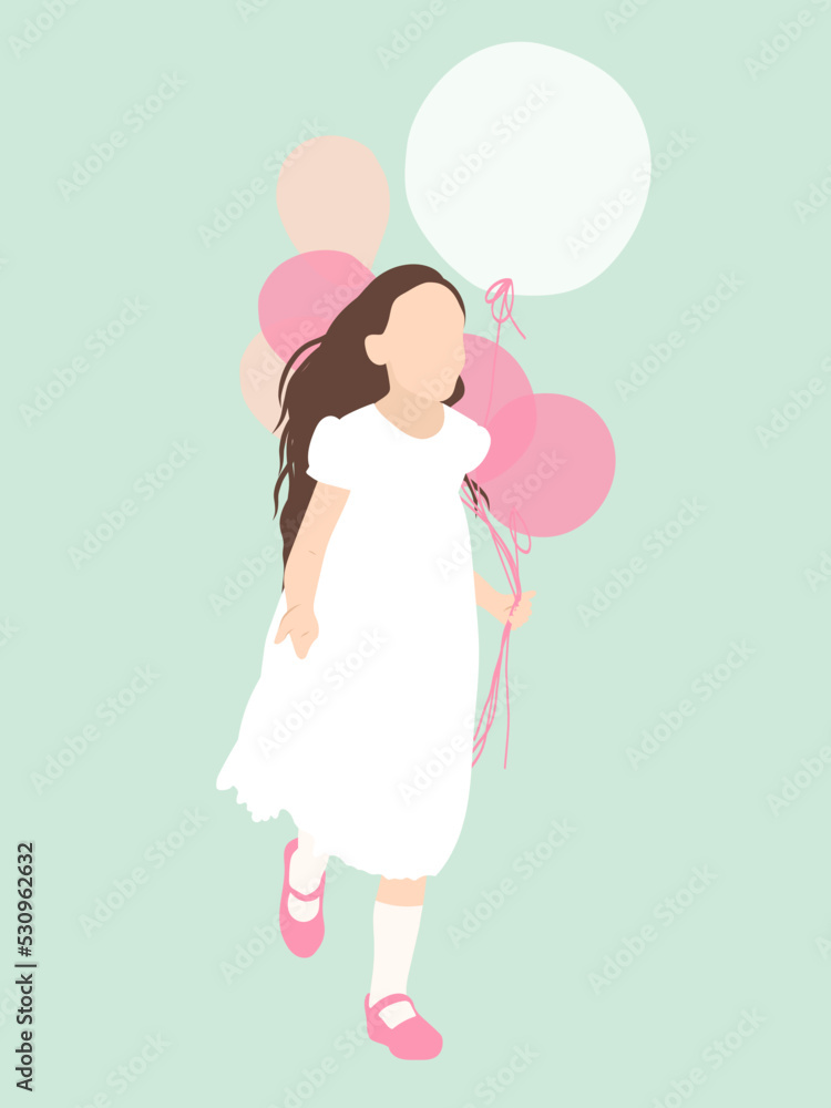 A little girl in a chic dress celebrates her birthday with pink balloons in her hand