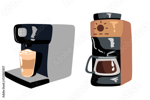 set of Coffee machine flat illustration. Front view of coffee machine. Vector.