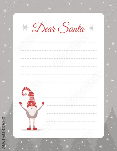 Template for letter to Santa Claus. Christmas layout with cute gnome for wish lists, greeting cards and invitations. Ornate postcard for winter holidays. Vector illustration in flat cartoon style.