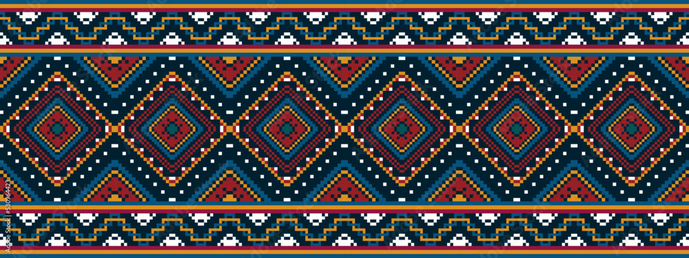 Ikat geometric pixel ethnic seamless home decoration design. Aztec fabric carpet boho mandalas textile decor wallpaper. Tribal native motif folk traditional embroidery vector 