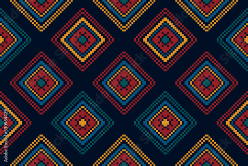 Ikat geometric pixel ethnic seamless home decoration design. Aztec fabric carpet boho mandalas textile decor wallpaper. Tribal native motif folk traditional embroidery vector 