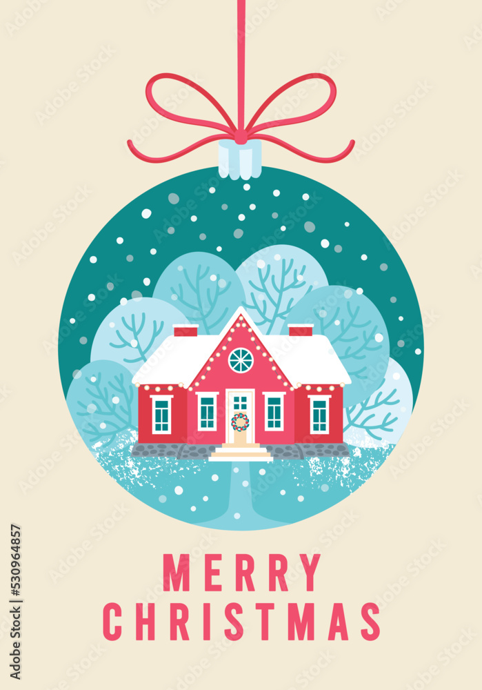 Christmas card template. Vector flat red house. Merry Christmas