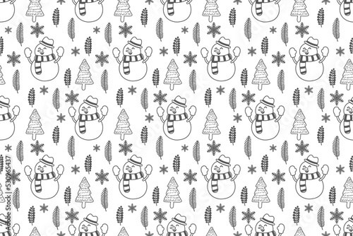 Christmas seamless pattern design. Winter minimal home decoration ornaments vector snow, bear, Santa, Christmas tree, Christmas leaves, hand drawing 