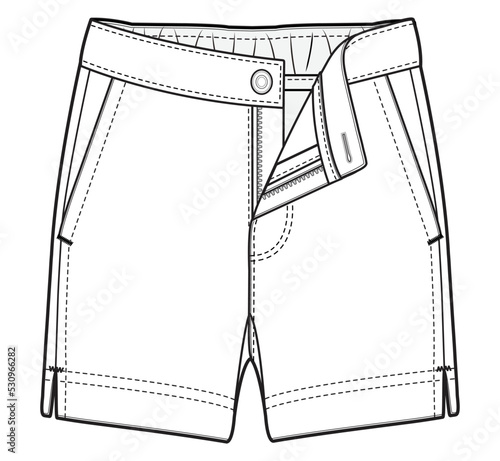 mens short pant technical detail drawing. mens plain casual short pant with button closure fashion flat sketch vector illustration.