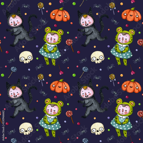 seamless marker pattern with cartoon characters in suits, skulls, pumpkins and candies on a dark background.