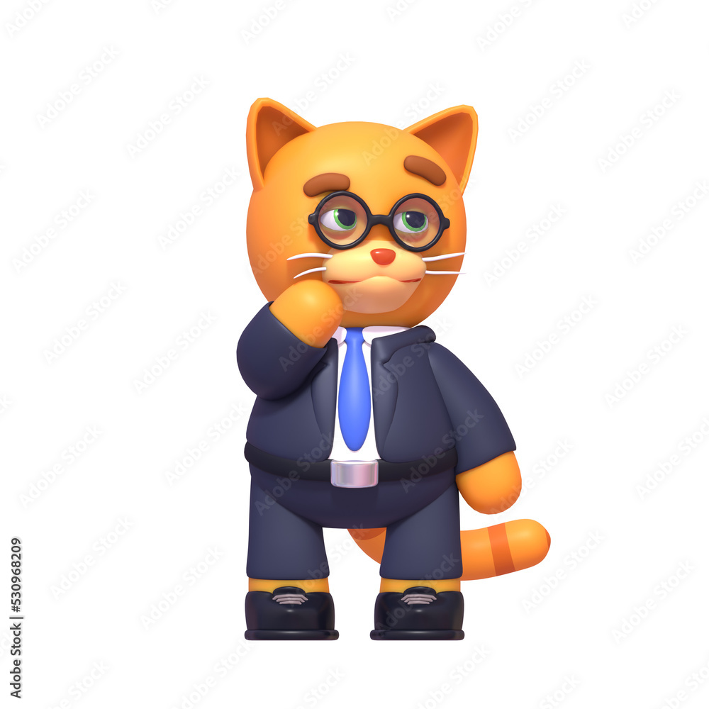 3d render of cute cat in business suit. Businessman cat thinking, making decision 3d render of cute cat in business suit. Businessman cat thinking, making decision
