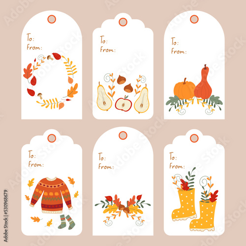 Vector illustration of a set of autumn tags and labels. Gift tags with pumpkins, sweater and autumn motifs.